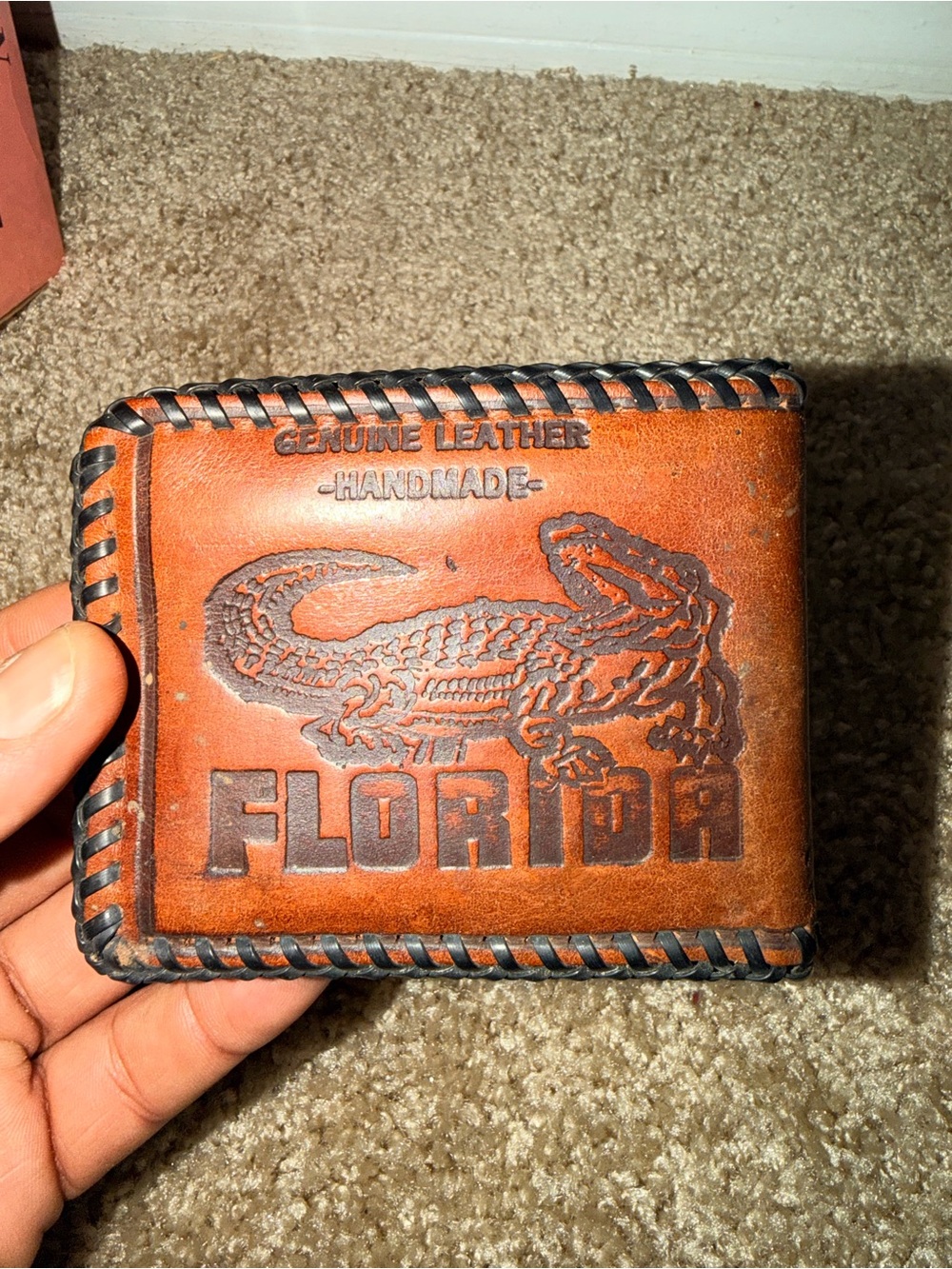 Handmade Genuine Leather Florida Alligator Bifold Wallet Brown Tooled vintage